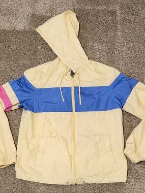 Light Yellow Hooded Windbreaker Jacket with Blue Stripe